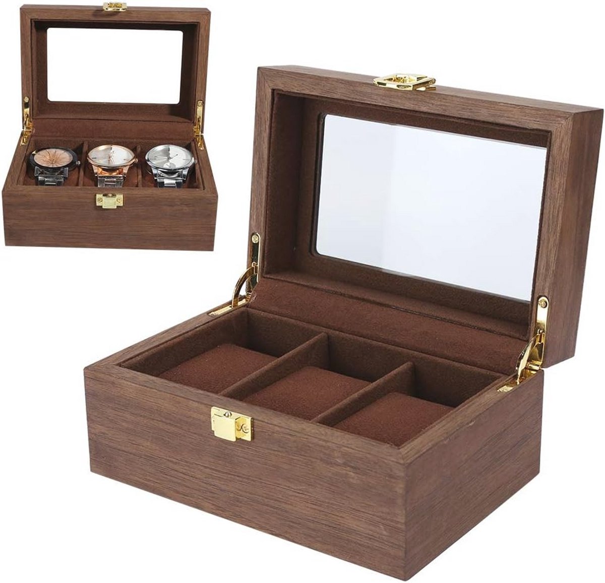 Horlogedoos voor 3 horloges met glas - Zwart Walnoot