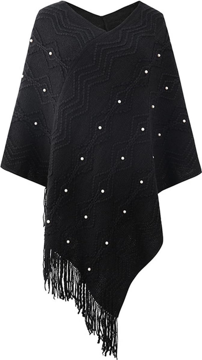 Elegante dames poncho met franje en kralen, warme gestreepte omslagdoek