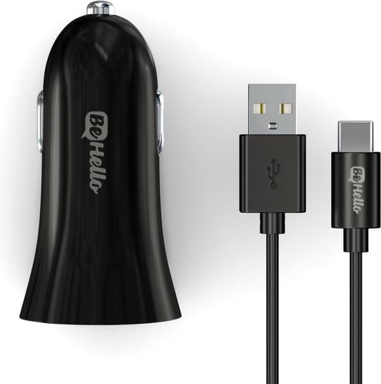 BeHello Autolader met USB-C Oplaadkabel 2.1 Ampère Zwart