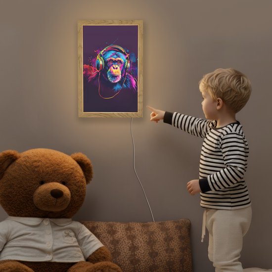 Nachtlampje 20x30 cm - Kinder lampje - Aap - Koptelefoon - Muziek - Kleurrijk - Tafellamp kinderkamer - Slaapkamer lamp - Bedlamp kinderen - Kinderlampje stopcontact - Wandlamp babykamer - Nachtlampjes van Merkloos — afbeelding 5
