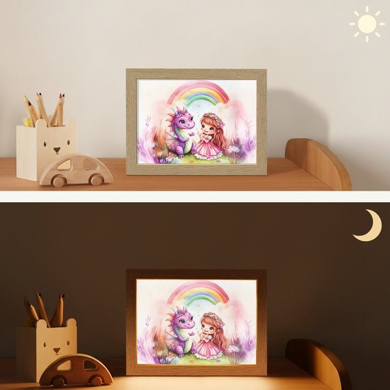 Nachtlampje 20x15 cm - Kinder lamp - Meisje - Draak - Regenboog - Tafellamp kinderkamer - Slaapkamer lamp - Bedlamp kinderen - Kinderlampje stopcontact - Wandlamp babykamer - Nachtlampjes van Digioi — afbeelding 4