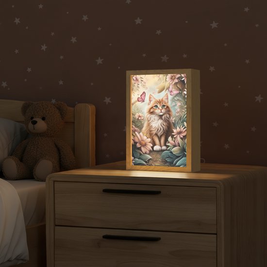 Nachtlampje 20x30 cm - Kinder lamp - Kat - Bloemen - Vlinders - Roze - Tafellamp kinderkamer - Slaapkamer lamp - Bedlamp kinderen - Kinderlampje stopcontact - Wandlamp babykamer - Nachtlampjes van Merkloos — afbeelding 2