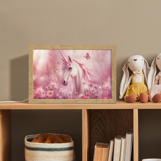 Nachtlampje 30x20 cm - Kinder lamp - Eenhoorn - Roze - Vlinders - Bloemen - Tafellamp kinderkamer - Slaapkamer lamp - Bedlamp kinderen - Kinderlampje stopcontact - Wandlamp babykamer - Nachtlampjes van DecoAction — afbeelding 3