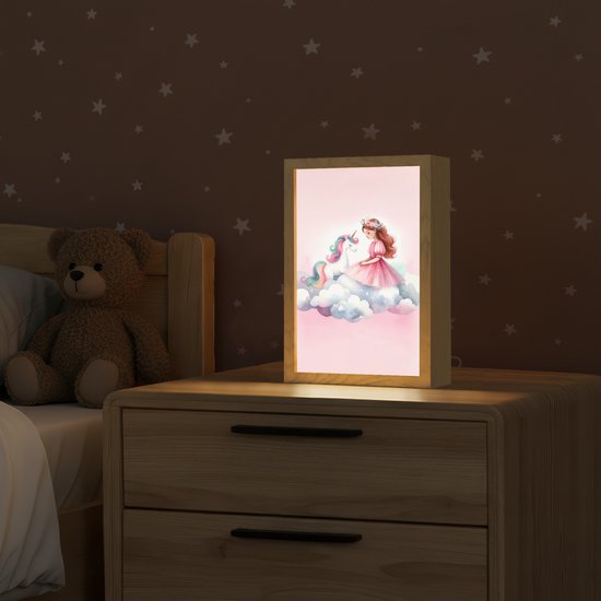 Nachtlampje 20x30 cm - Kinder lampje - Eenhoorn - Prinses - Unicorn - Roze - Wolken - Tafellamp kinderkamer - Slaapkamer lamp - Bedlamp kinderen - Kinderlampje stopcontact - Wandlamp babykamer - Nachtlampjes van Merkloos — afbeelding 2