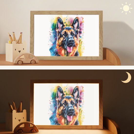 Nachtlampje 30x20 cm - Kinder lampje - Hond - Verf - Dieren - Kleurrijk - Duitse Herder - Tafellamp kinderkamer - Slaapkamer lamp - Bedlamp kinderen - Kinderlampje stopcontact - Wandlamp babykamer - Nachtlampjes van Merkloos — afbeelding 4