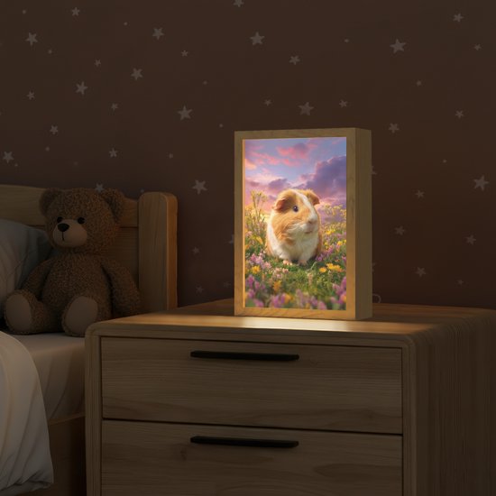 Nachtlampje 20x30 cm - Kinder lampje - Cavia - Kleurrijk - Bloemen - Tafellamp kinderkamer - Slaapkamer lamp - Bedlamp kinderen - Kinderlampje stopcontact - Wandlamp babykamer - Nachtlampjes van Merkloos — afbeelding 2