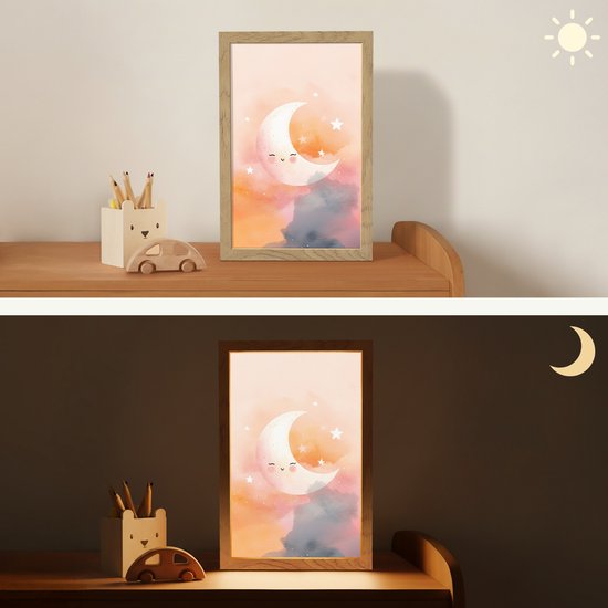 Nachtlampje 20x30 cm - Kinder lampje - Maan - Gezichtje - Sterren - Roze - Tafellamp kinderkamer - Slaapkamer lamp - Bedlamp kinderen - Kinderlampje stopcontact - Wandlamp babykamer - Nachtlampjes van OnlyWow — afbeelding 4