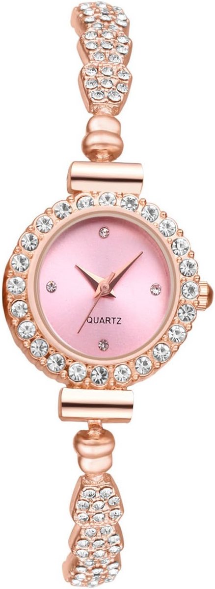 Roze dameshorloge met rhinestones - analoge kwarts polshorloge met verstelbare armband