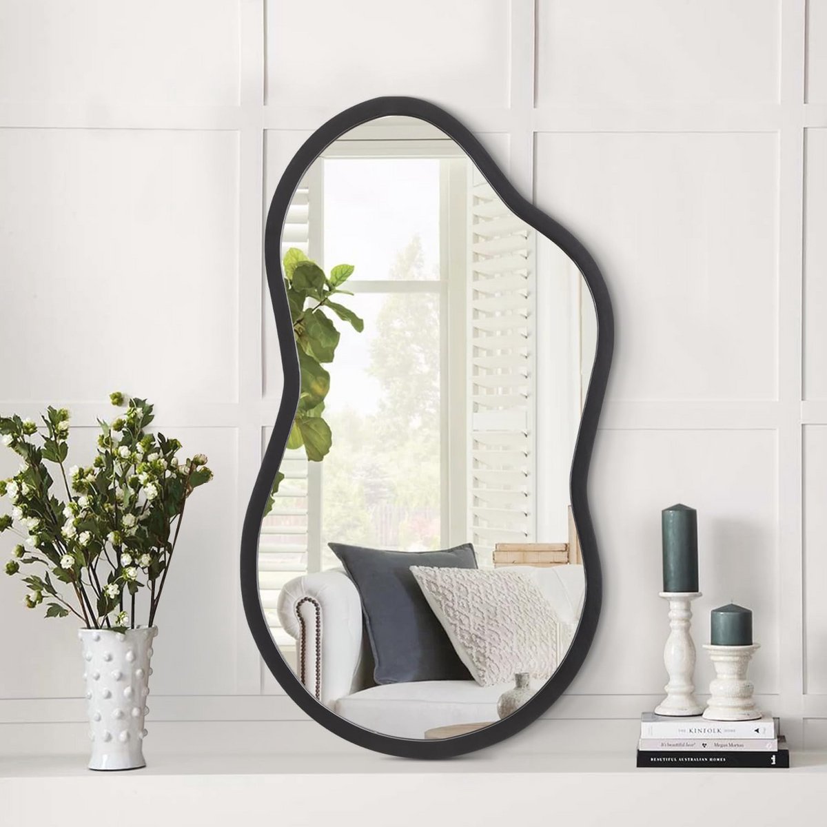 Onregelmatige Houten Wandspiegel - Asymmetrische Decoratieve Spiegel voor Slaapkamer, Kleedkamer, Woonkamer, Badkamer en Entree