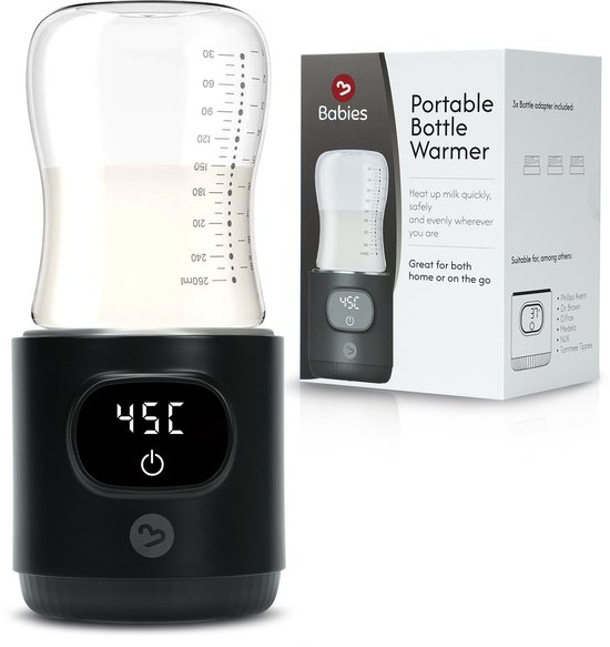3Babies® Compacte Baby Flessenwarmer – Draagbaar – USB Oplaadbaar – Draadloos – Bottle Warmer – Inclusief 3 Adapters – Philips Avent, Difrax, Dr.brown's, Tommee Tippee, Medela – Zwart