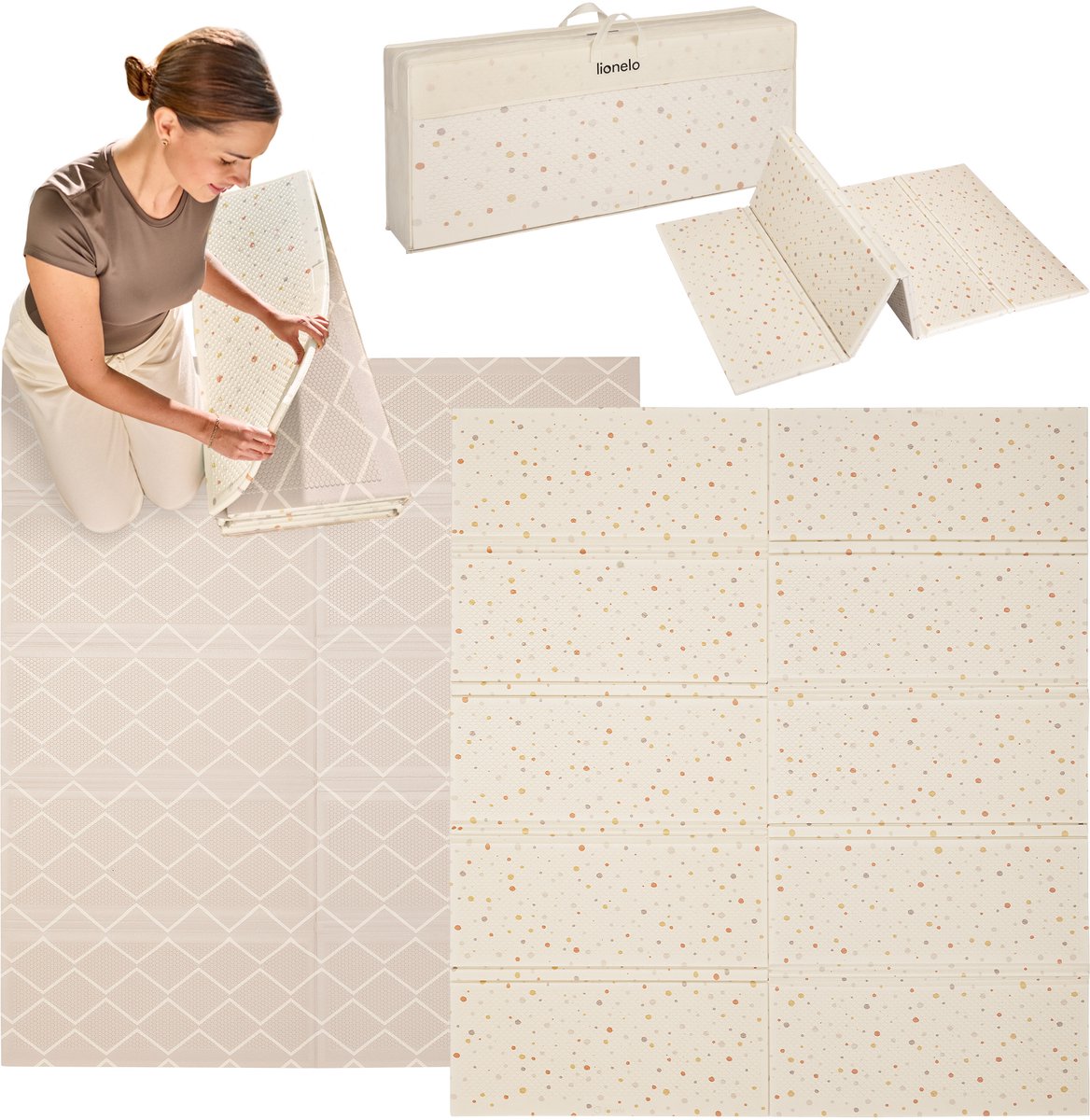 Lionelo Zora Speelmat Baby – Premium Foam Speelkleed 180×200×1.5 cm – Dikke Dubbelzijdige Kruipmat Antislip – Boho Beige Speeltapijt voor Woonkamer & Kinderkamer – Opvouwbaar + Opbergtas – Baby Speelgoed vanaf 0+ Maanden – Grote Speelmat voor Cadeau — afbeelding 15