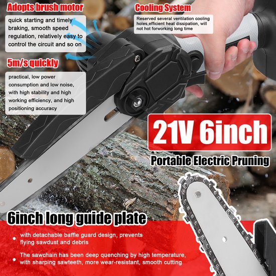 21V 6 inch draagbare elektrische snoeizaag, kleine houtsplijtkettingzaag met borstelmotor, houtbewerkingsgereedschap met één hand voor gebruik in de tuin of boomgaard van Merkloos	 — afbeelding 4