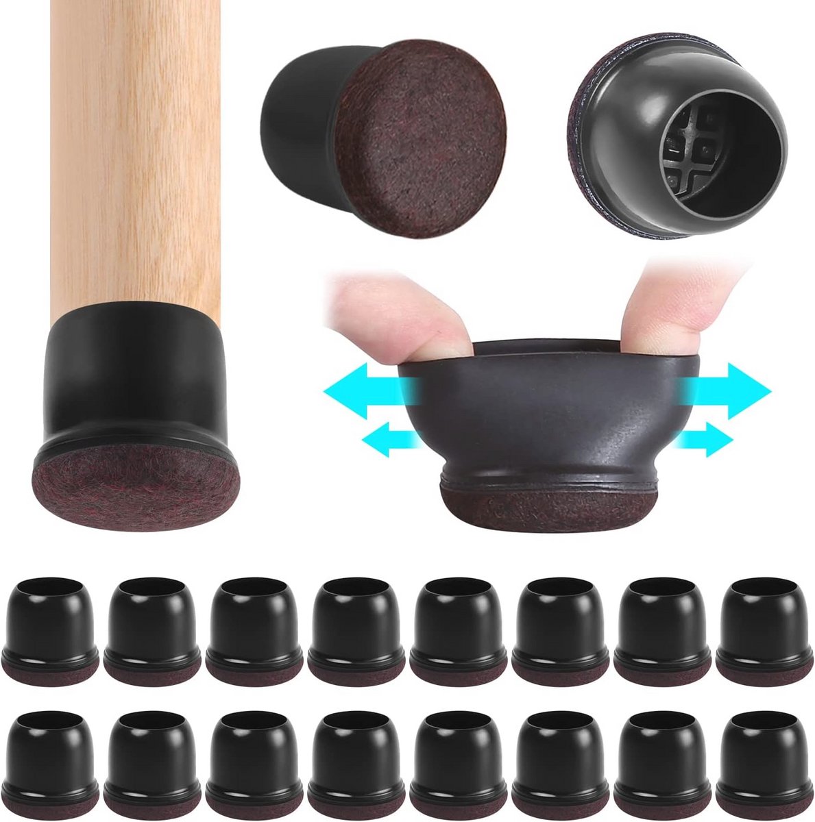 Stoelpootdoppen met vilt en rubber - Bescherming voor hardhouten vloeren, rond, diameter 21-25 mm, 16 stuks