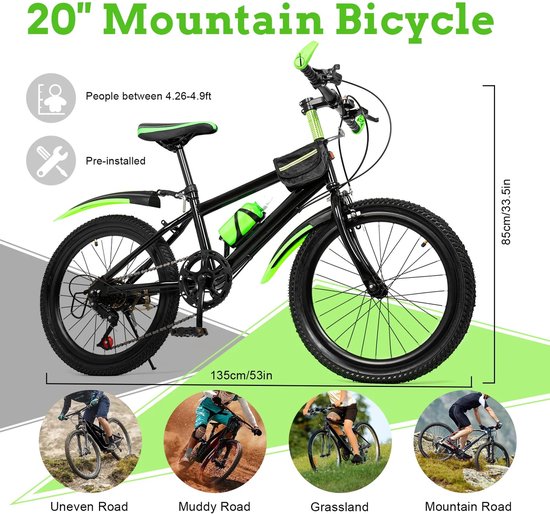 Aafinity Mountainbike - Fiets - BMX - Fiets 20inch / 51 cm - Lichtgroen met zwart - Makkelijk in elkaar te zetten - Handrem - 7 versnellingen van Merkloos — afbeelding 4