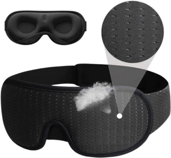Zwart traagschuim slaapmasker met 3D-oogcups en een verstelbare band. Getoond met een vergroot detail van de ademende stof.