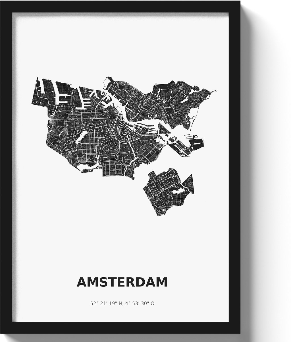 Poster Amsterdam A2 - 42 x 59,4 cm - Zwart/Wit Inclusief lijst (Zwart MDF)