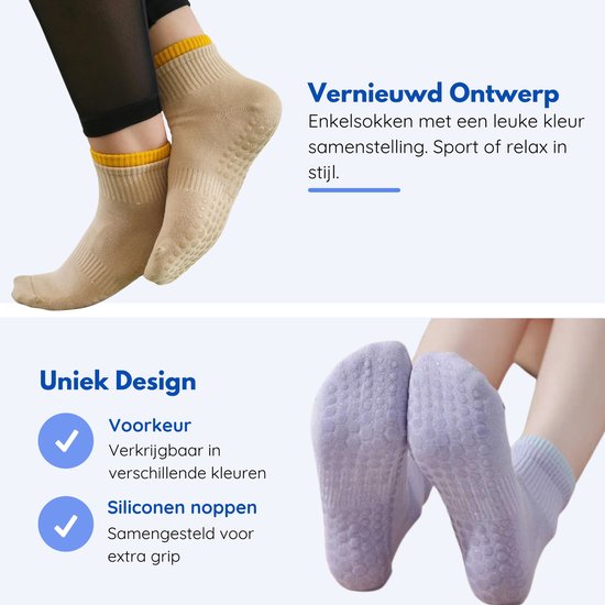 Hilvard Pilates sokken - Yoga sokken - Enkelsokken - 3 Paar - Beige en Oranje - Anti-slip sokken - One size fits all van Merkloos — afbeelding 2