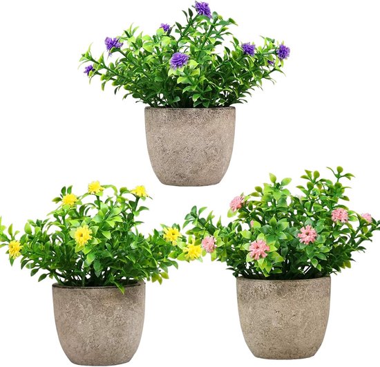 ZIOYA 6 stuks kunstbloemen in pot, kleine kunstplanten, mini-kunstplanten, voor binnen en buiten, kleine kunstbloemen voor kantoor, woonkamer, thuis, doe-het-zelf