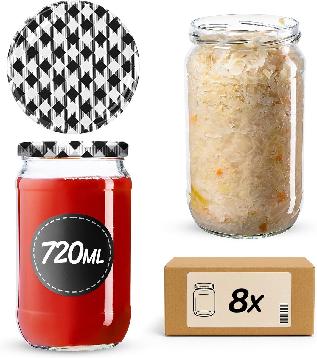 720 ml glazen inmaakpot met schroefdop - ronde conserveerblikken zwart - set van 8