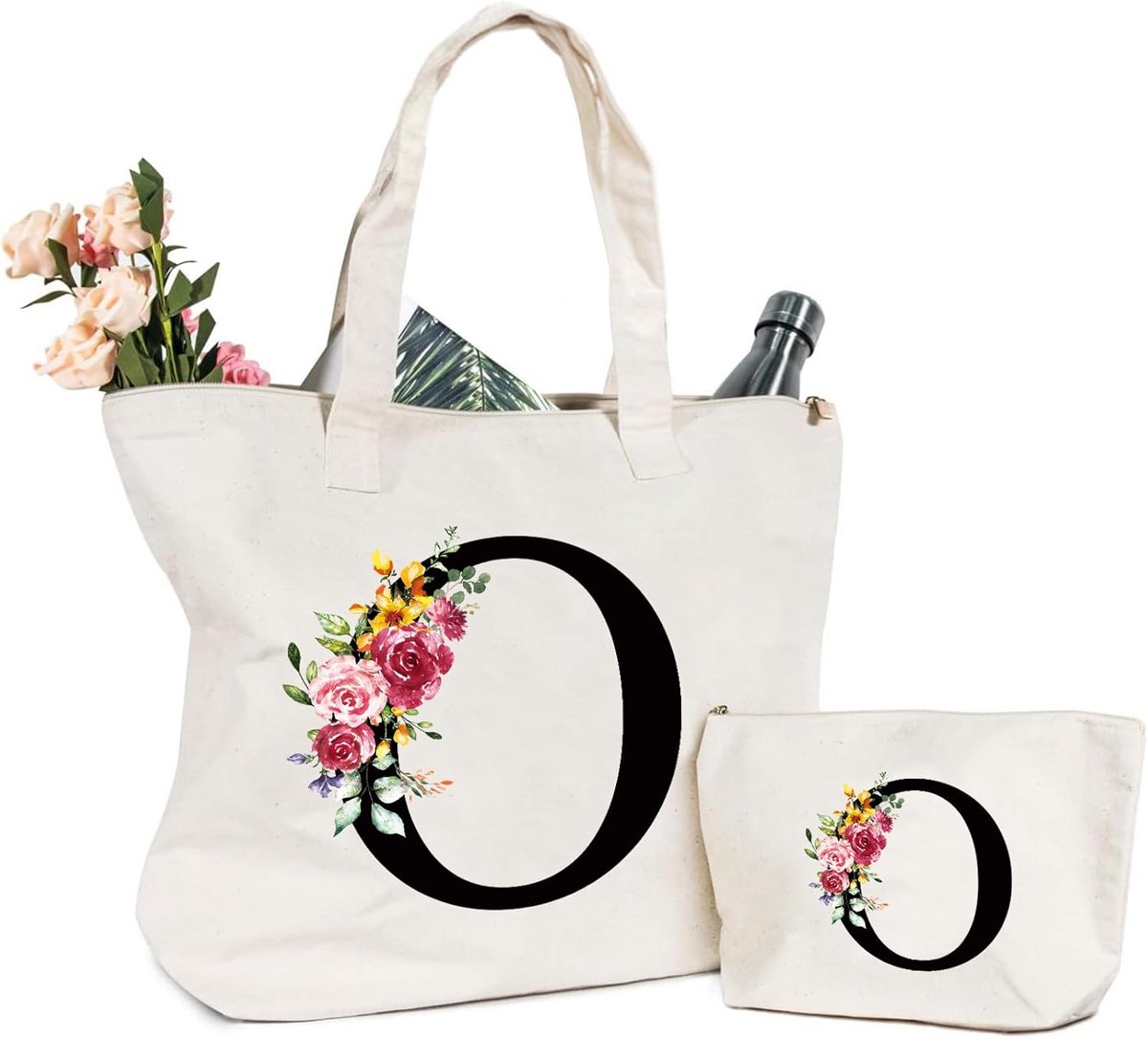 Linnen Shoppertas met Initialen en Bloemdecoratie - Cadeau voor Dames