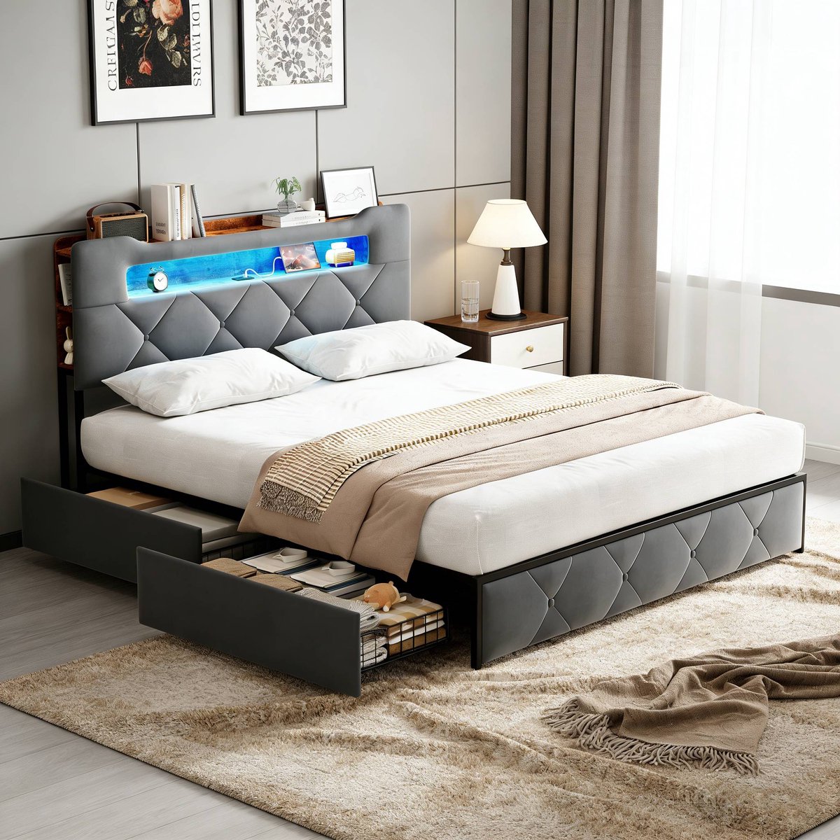 Gestoffeerd Tweepersoonsbed 140x190 cm – Bedframe met RGB-LED en USB/Type-C, 4 Opbergladen en Lattenbodem, Velours Grijs (Zonder Matras)