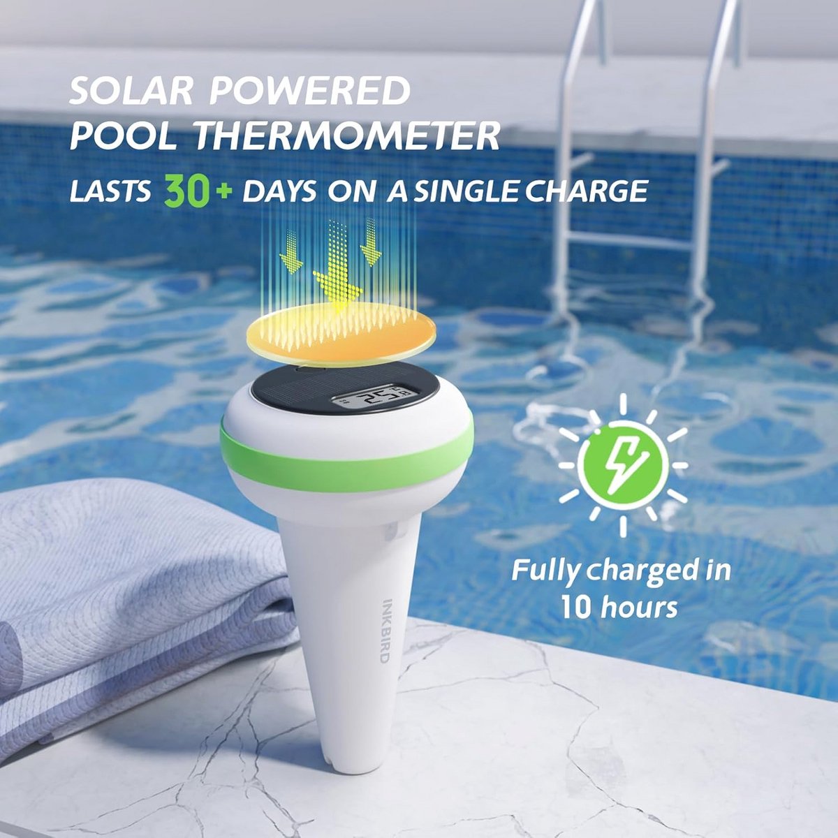 Zonne-energie Zwembadthermometer - IP68 Waterdicht, Hoge Precisie en Draadloze Monitoring voor Zwembaden en Spa's