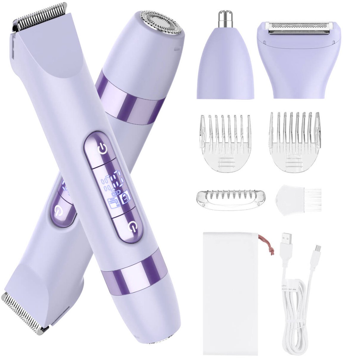 HATTEKER Multifunctionele Ladyshave & Trimmer Set - Tweezijdig Ontwerp - Neus-/Oksel-/Gezichtstrimmer - 4-in-1- voor Lichaam, Gezicht en Neus - Lila