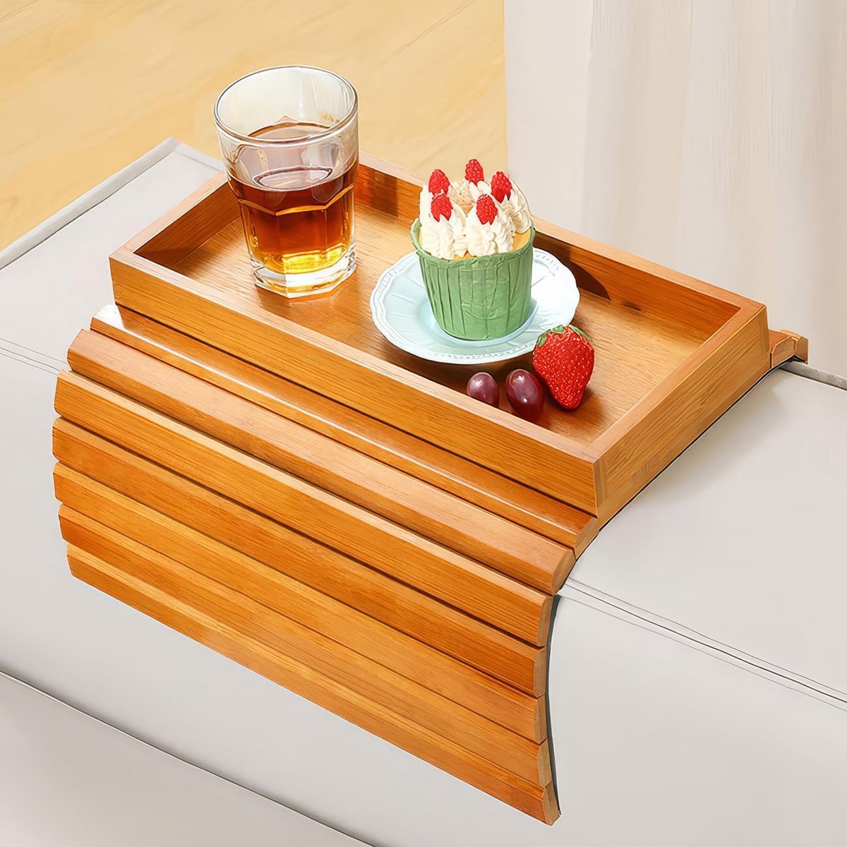 Inklapbaar Armdienblad van Bamboe voor Bank & Sofa - Zijtafel voor Snacks en Telefoon