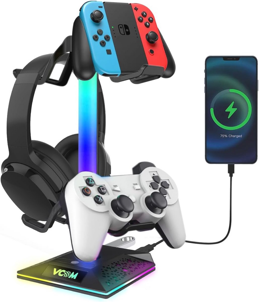 RGB Hoofdtelefoonstandaard met 10 lichtmodi en USB-poorten voor Gaming
