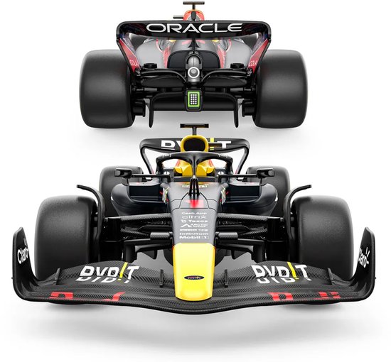 Voor- en achterkant van een zwarte Red Bull RB18 F1 auto met gele en rode accenten.