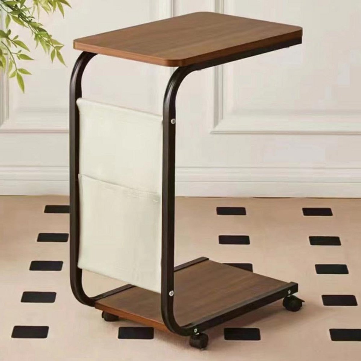 Bijzettafel met Wielen en Opbergzak - Draaibare Salon- en Bedtafel met Houten Blad en Metalen Frame voor Woonkamer, Slaapkamer en Kinderkamer - Bruin