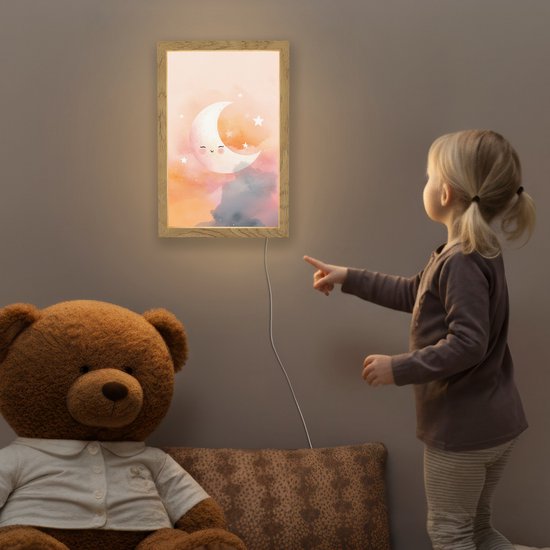 Nachtlampje 20x30 cm - Kinder lampje - Maan - Gezichtje - Sterren - Roze - Tafellamp kinderkamer - Slaapkamer lamp - Bedlamp kinderen - Kinderlampje stopcontact - Wandlamp babykamer - Nachtlampjes van OnlyWow — afbeelding 5