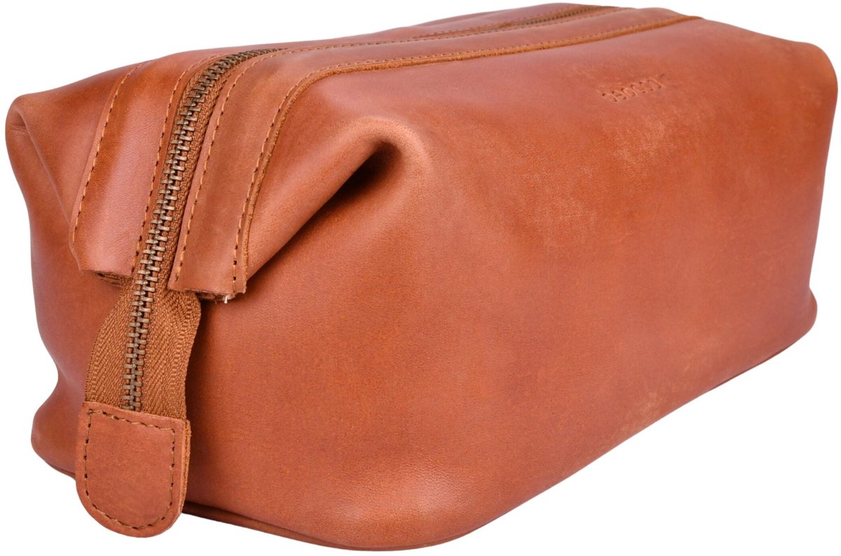Beocca Miles Leren Toilettas - Etui van Plantaardig Gelooid Leer - Handgemaakt - Ruim met YKK Rits - Reis Toilettas - Duurzaam en Stoer - Cognac