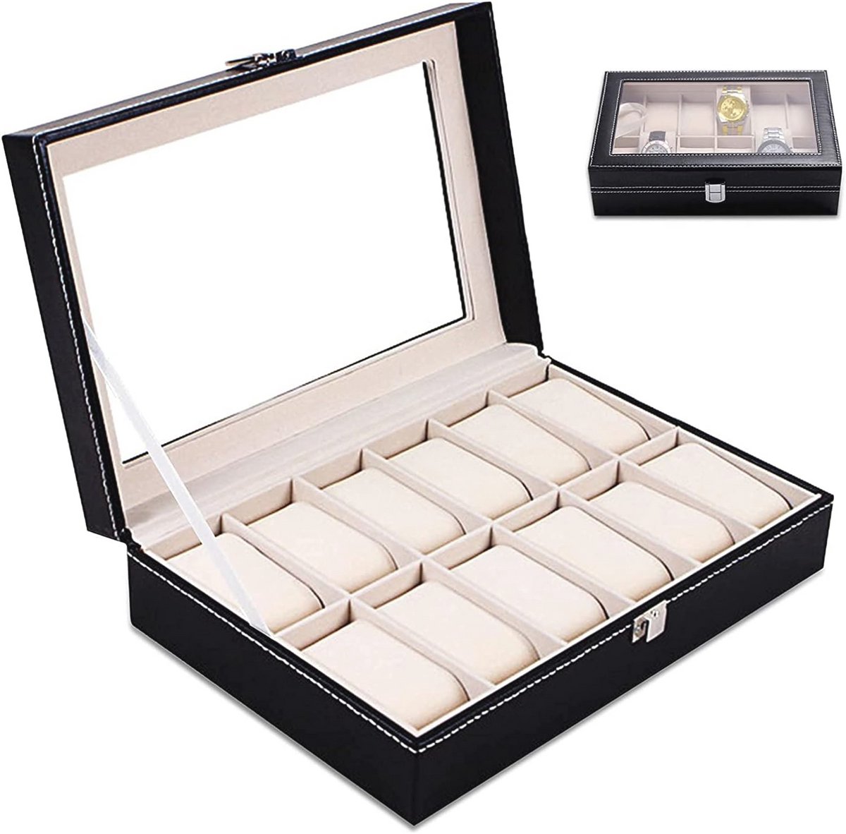 Horlogedoos 12 Vakken Met Spiegel en Uitneembare Kussens