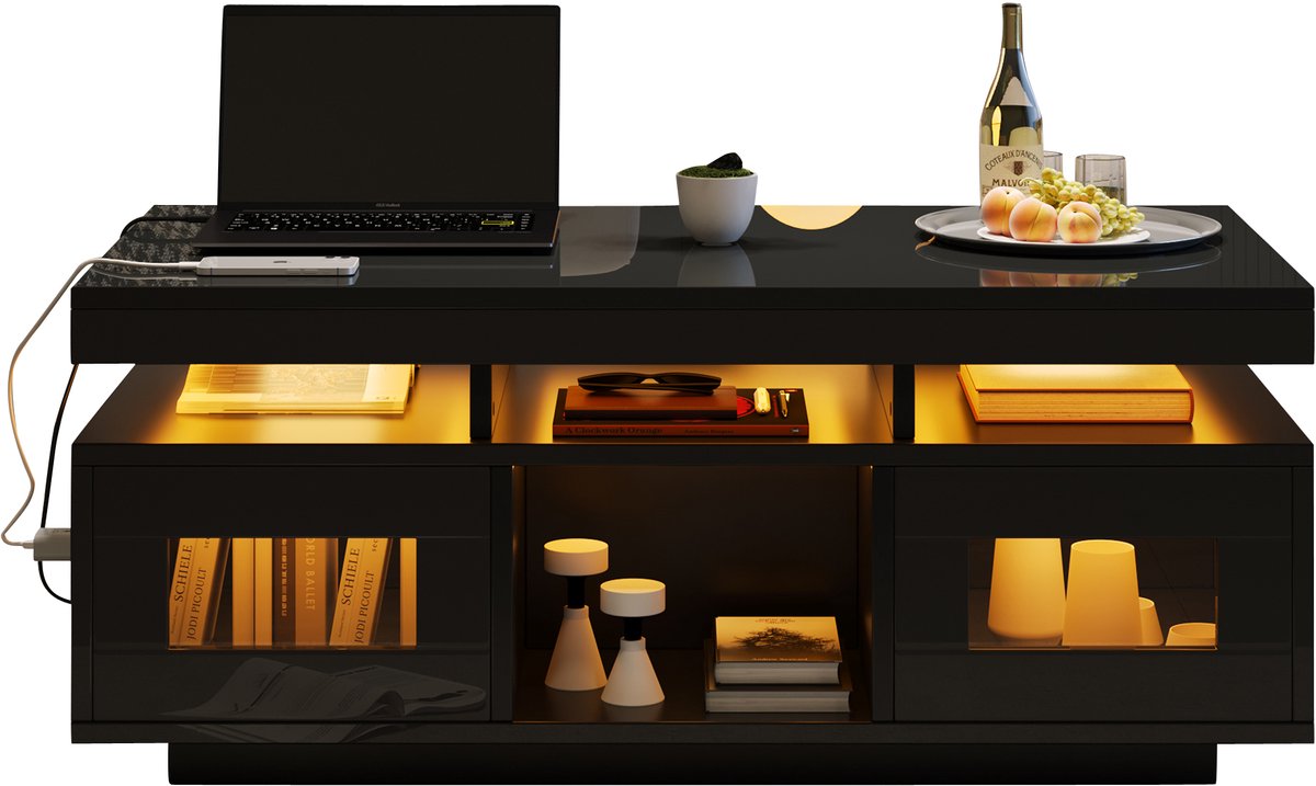 MODFU Salontafel 100x50x43 cm van zwart hoogglans spaanplaat en acryl, met LED-lichtstrook en stopcontact