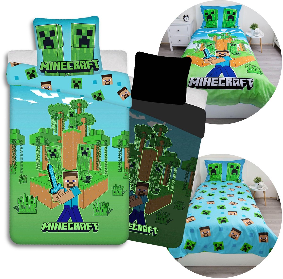 Minecraft Groen-blauw, DUBBELZIJDIG, katoenen kinderbeddengoed, GLOW-IN-THE-DARK 140x200cm+70x90cm OEKO-TEX