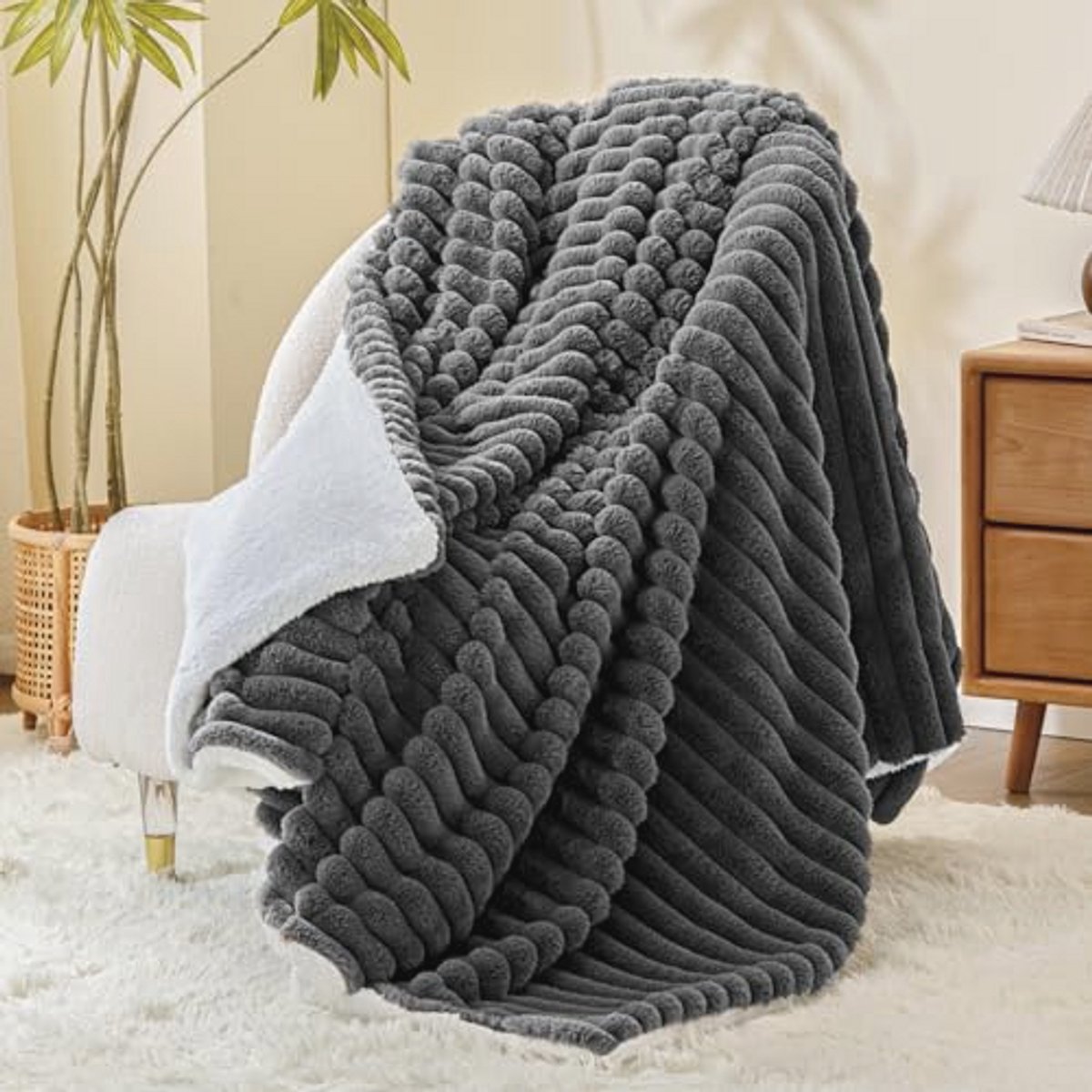Gestreepte Flanellen Fleece Twin Deken - Ideaal voor Alle Seizoenen, Grijs 152 x 203 cm