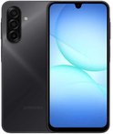 Zwarte Samsung smartphone, achterkant met drievoudige camera, voorkant met scherm.