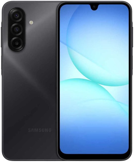 Zwarte Samsung smartphone, achterkant met drievoudige camera, voorkant met scherm.
