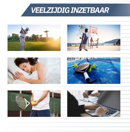 Collage van mensen die golfen, basketballen, slapen, padel spelen, tennissen en werken op een laptop.