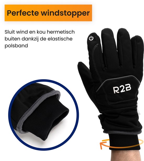 Zwarte R2B handschoen met witte R2B opdruk en een grijze, gebreide rand.