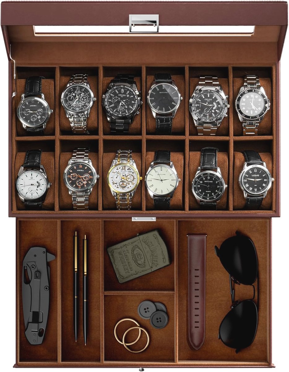 12 Slots Heren Horloge Doos met Glazen Deksel - Horloge Organiser en Sieraadopslag
