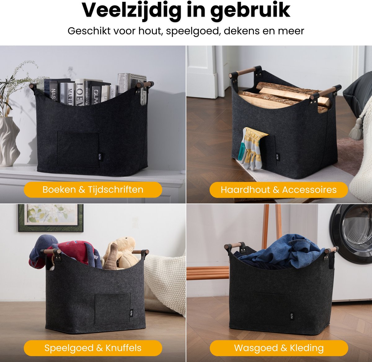 PyroProducts Opbergmand van Vilt - Houtmand voor Haardhout, Dekens & Speelgoed - Wasmand - 60 liter - Antraciet — cadeau in Wonen & Interieur - foto 5