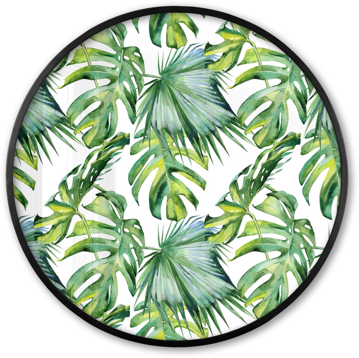 FrameYourWall Poster in lijst Rond - Fotolijst 80x80 cm - Posters - Bladeren - Monstera - Tropical - Jungle - Ronde posterlijst zwart - Decoratie - Wanddecoratie woonkamer - Muurdecoratie slaapkamer Multicolor