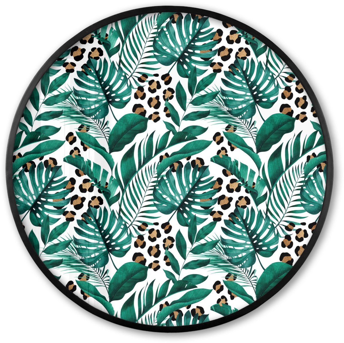 FrameYourWall Poster in lijst Rond - Fotolijst 80x80 cm - Posters - Panterprint - Bladeren - Jungle - Ronde posterlijst zwart - Decoratie - Wanddecoratie woonkamer - Muurdecoratie slaapkamer Multicolor