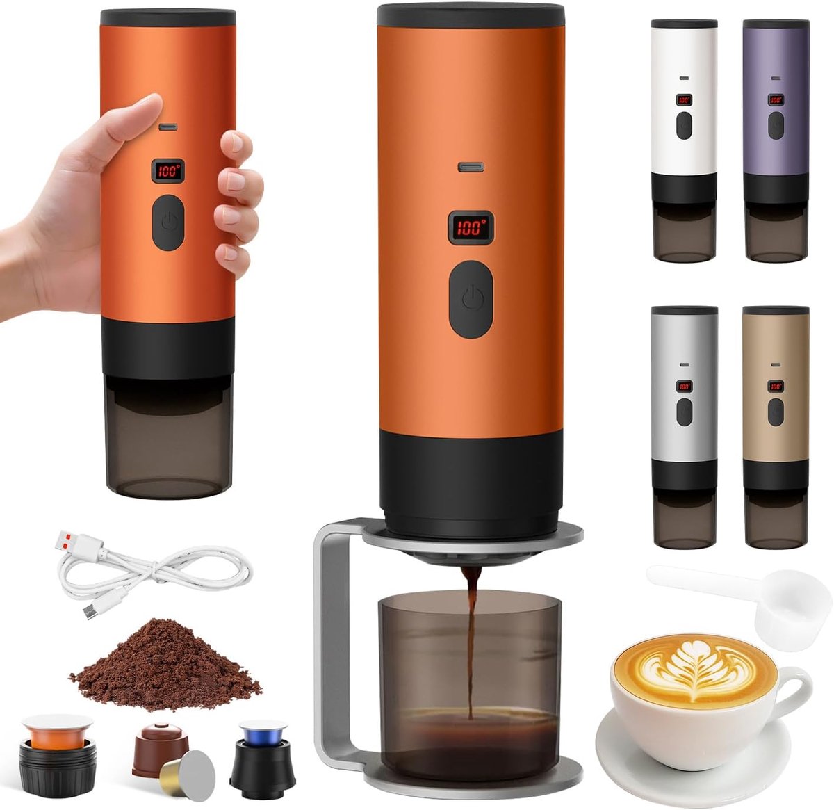 Draagbare koffiemachine met standaard, 2025 nieuwe 3-in-1 draagbare koffiemachine, smart display koffiemachine, oplaadbare elektrische koffiemachine, compatibel met cups en koffiepoeder (oranje-1)