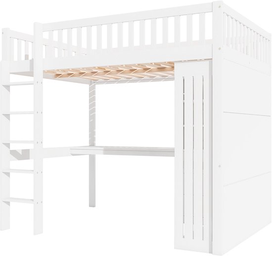 Lit mezzanine Merax 140x200 cm - avec bureau - armoire - 3 tiroirs - escalier - lit en bois avec espace de rangement - lit enfant avec bureau - Wit - sans Matras