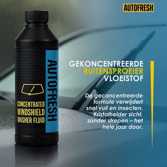 Autofresh geconcentreerde ruitenwisservloeistof, verwijdert vuil en insecten.