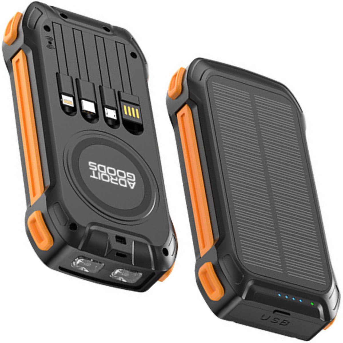 AdroitGoods 20000mAh Solar Powerbank met Geïntegreerde Kabels - 22.5W Fast Charge Outdoor Energiestation - Outdoor, Kamperen & Noodpakket - Oranje
