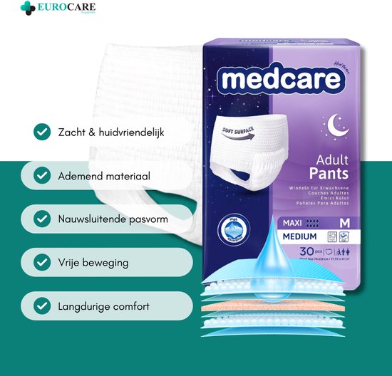 30 Stuks – Medcare Incontinentiebroekjes Maxi+ – Maat M – 1850+ ml absorptie – Wegwerppants voor matige tot zware incontinentie – Comfortabel & huidvriendelijk – Dag & nacht bescherming